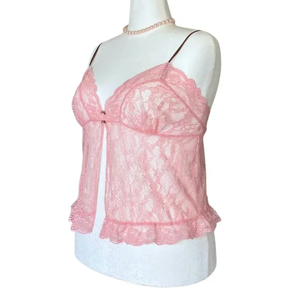 Vintage Y2K Victoria’s Secret Sheer Pink Lace Split Babydoll Cami Coquette M/L - Picture 2 of 9